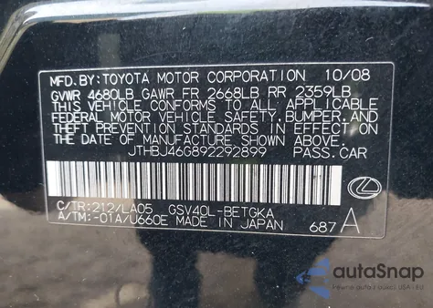 2009 Lexus Es 350 from USA, damaged, VIN JTHBJ46G892292899